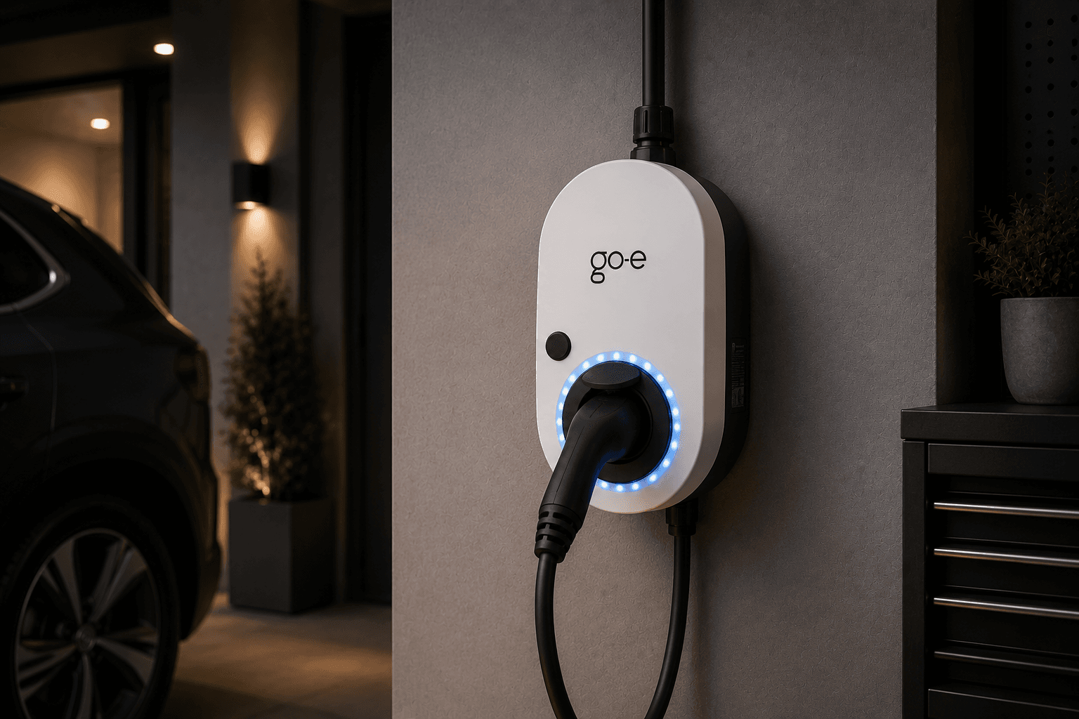 go-e Wallbox an modernem Einfamilienhaus