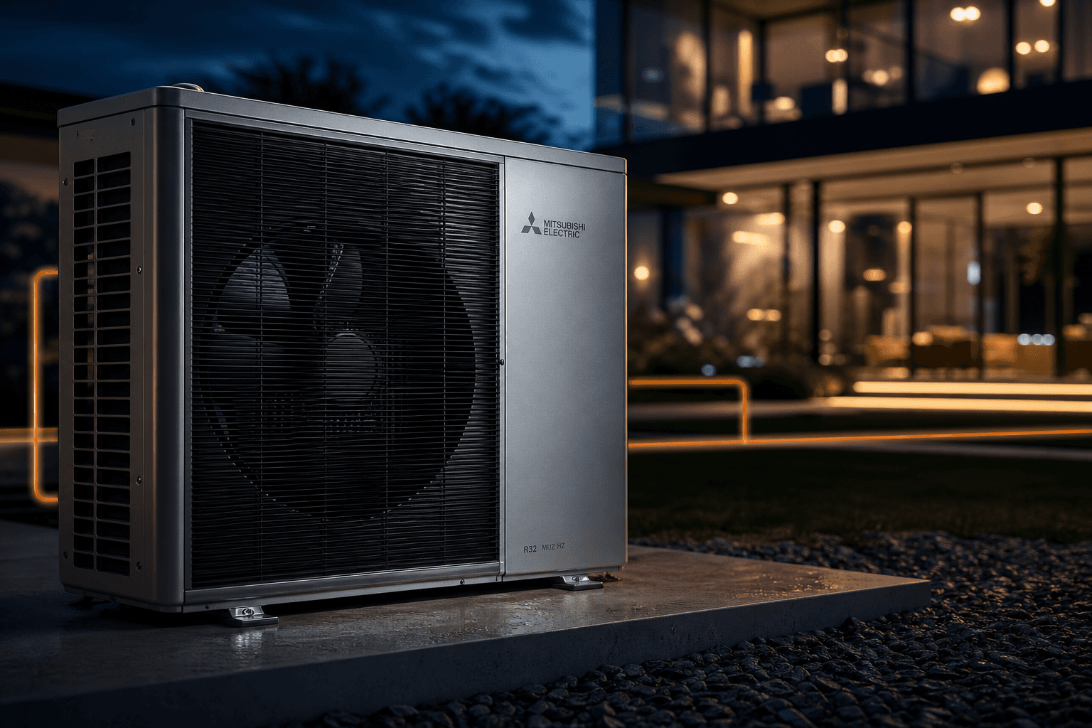 Mitsubishi Electric Klimagerät im Produktfokus mit dezentem Markenaufdruck