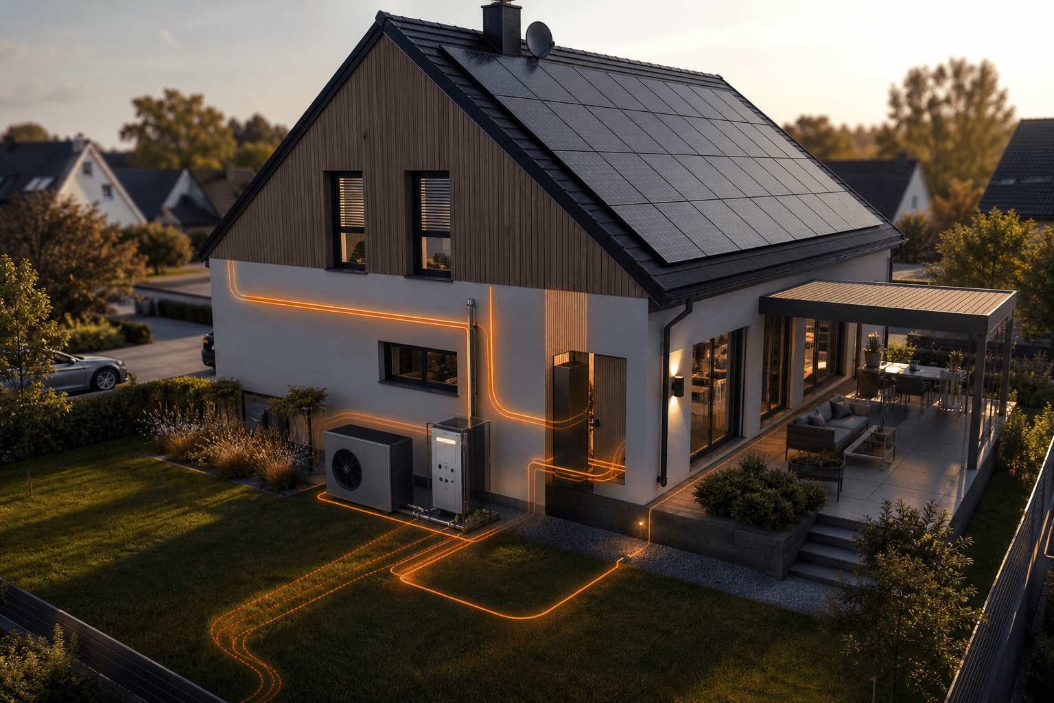 Einfamilienhaus mit PV-Dach und Außengerät der Wärmepumpe