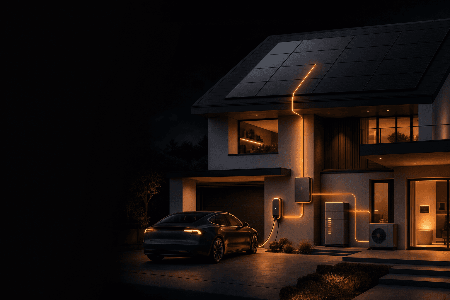 Modernes Haus mit Solaranlage in Abendlicht